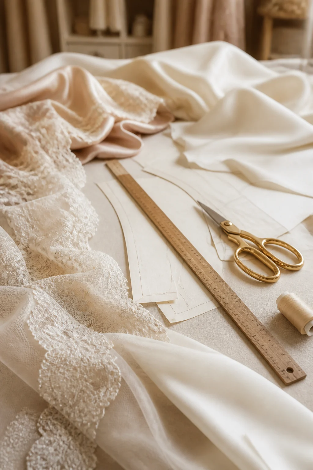 Sema Özcan Moda Evi atölyesinde kumaş ve kalıp detayları